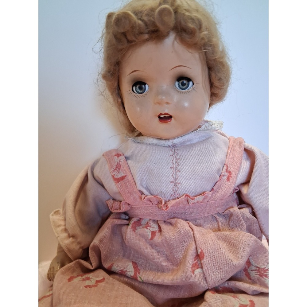 Vintage Composition Baby Doll with Open Mouth and Blue‎ Eyes that open and close
